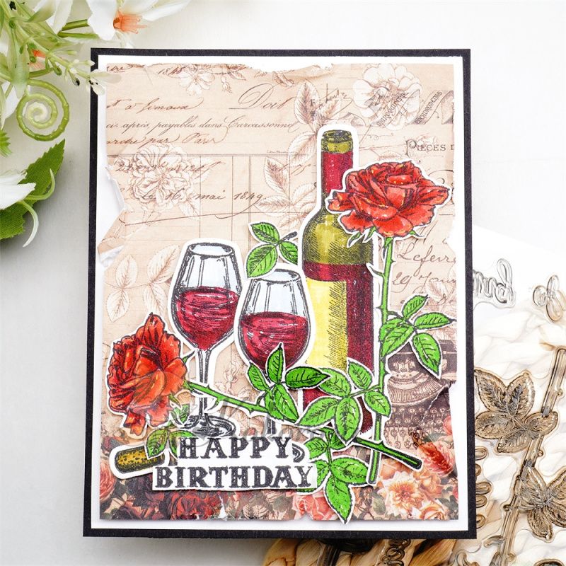 Kokorosa Wine Glass And Bottle Dies with Stamps Set