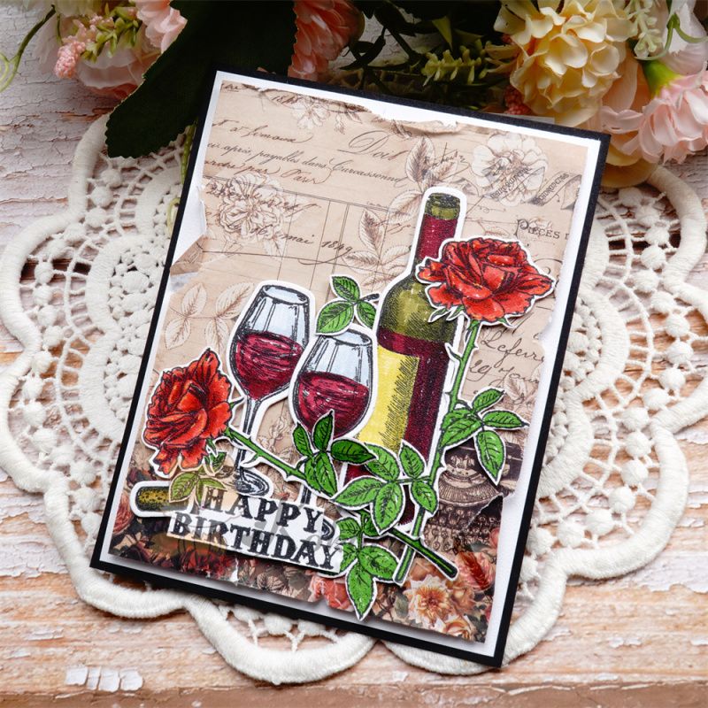 Kokorosa Wine Glass And Bottle Dies with Stamps Set