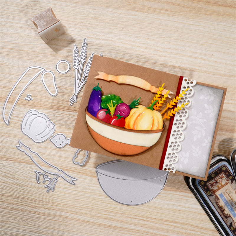 Kokorosa Metal Cutting Dies With A Basket of Vegetables