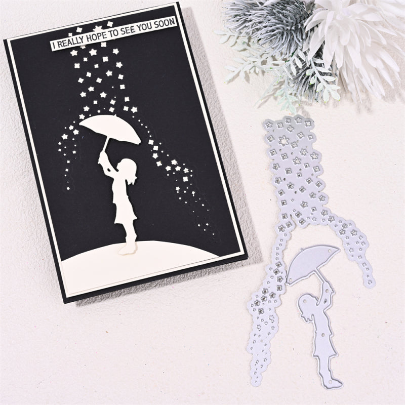 Kokorosa Metal Cutting Dies With A Child Holding An Umbrella In The Rain Of Stars