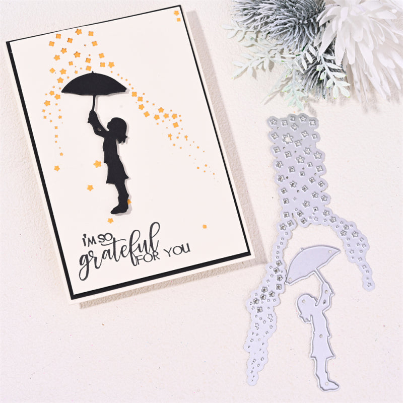 Kokorosa Metal Cutting Dies With A Child Holding An Umbrella In The Rain Of Stars